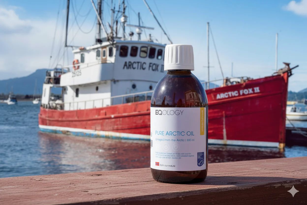 Butelka Pure Arctic Oil Eqology na tle norweskiego fiordu