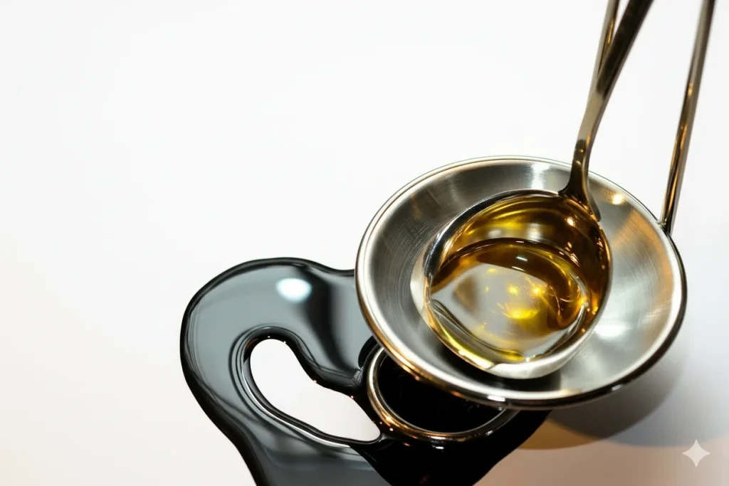 Zbliżenie kropli oleju omega-3 na łyżce
