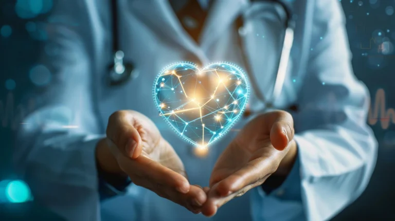 medical illustration of human heart with omega-3 concept